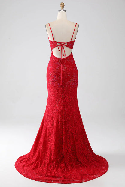 omberprom Mermaid Long Prom Dress Spaghetti Straps Beaded Lace Applique With Slit