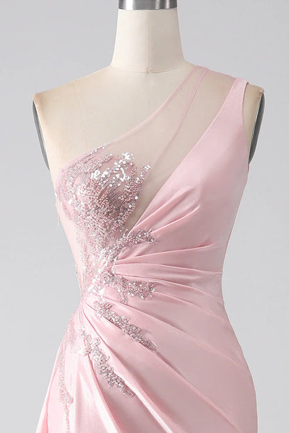 omberprom Pink Mermaid Long Prom Dress One Shoulder Sequins Appliques Ruched  With Slit