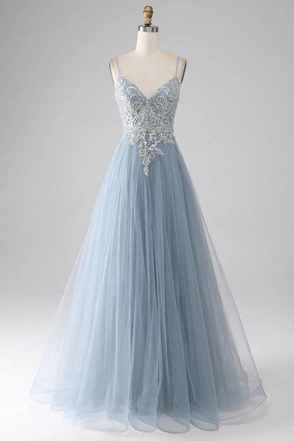 omberprom Long Prom Dress Sparkly Grey Blue Mermaid Spaghetti Straps Sequin Evening Dress