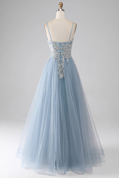 omberprom Long Prom Dress Sparkly Grey Blue Mermaid Spaghetti Straps Sequin Evening Dress