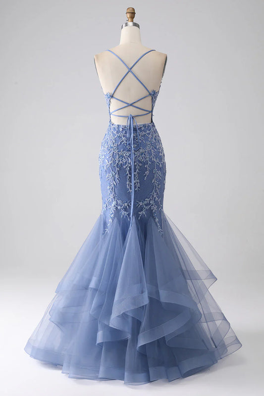 omberprom Mermaid Long Prom Dress Spaghetti Strap Beaded Backless Grey Blue With Appliques