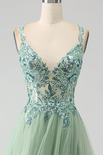 omberprom A Line Long Prom Dress Spaghetti Straps with Appliques Gorgeous Light Green