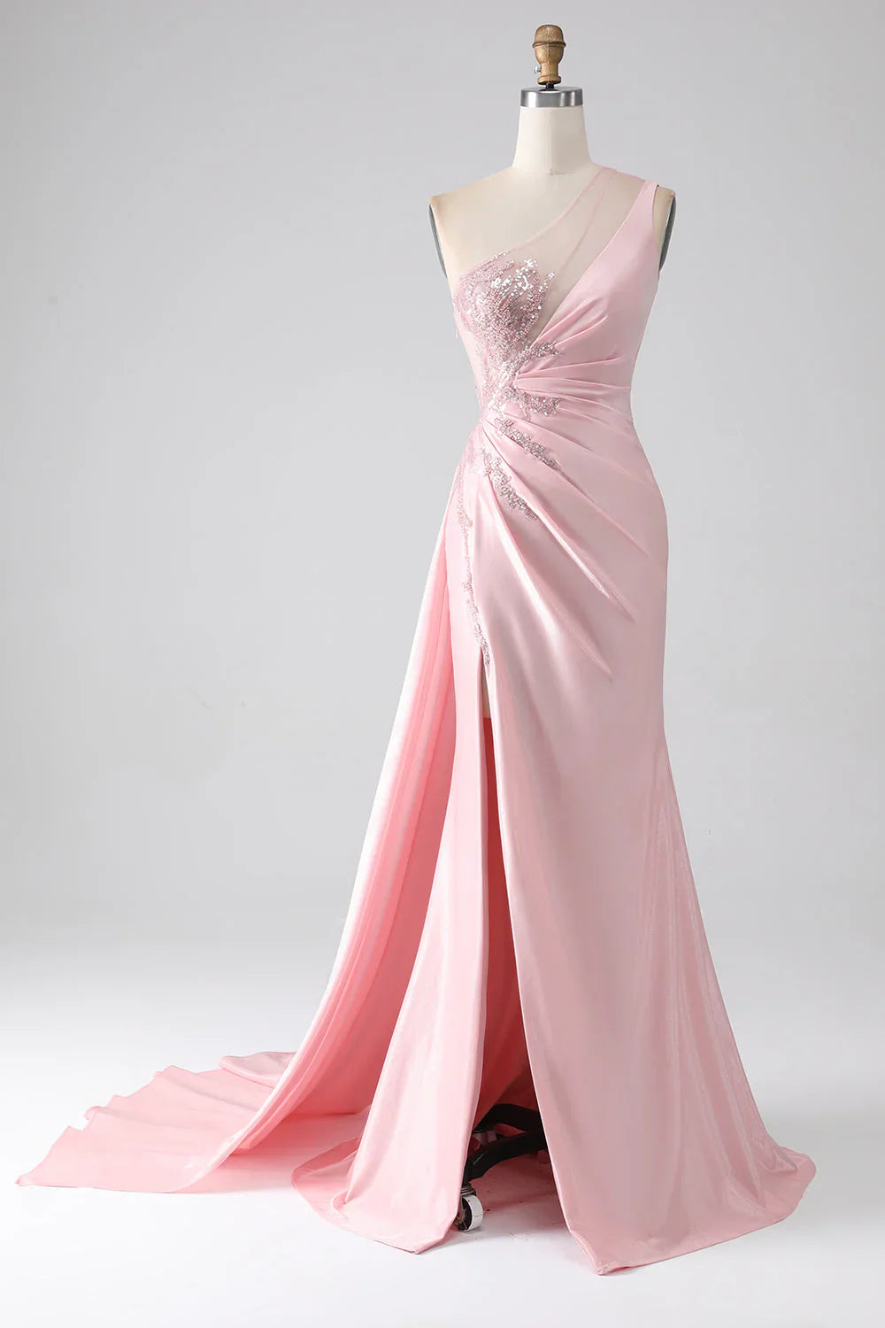 omberprom Pink Mermaid Long Prom Dress One Shoulder Sequins Appliques Ruched  With Slit