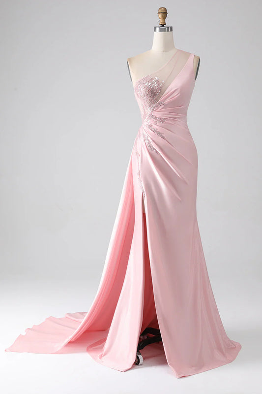 omberprom Pink Mermaid Long Prom Dress One Shoulder Sequins Appliques Ruched  With Slit