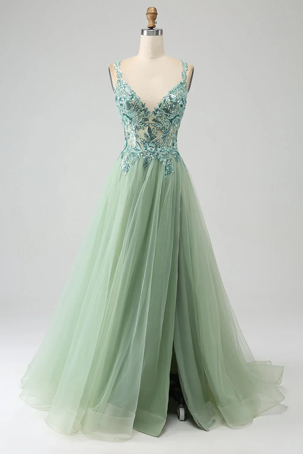 omberprom A Line Long Prom Dress Spaghetti Straps with Appliques Gorgeous Light Green