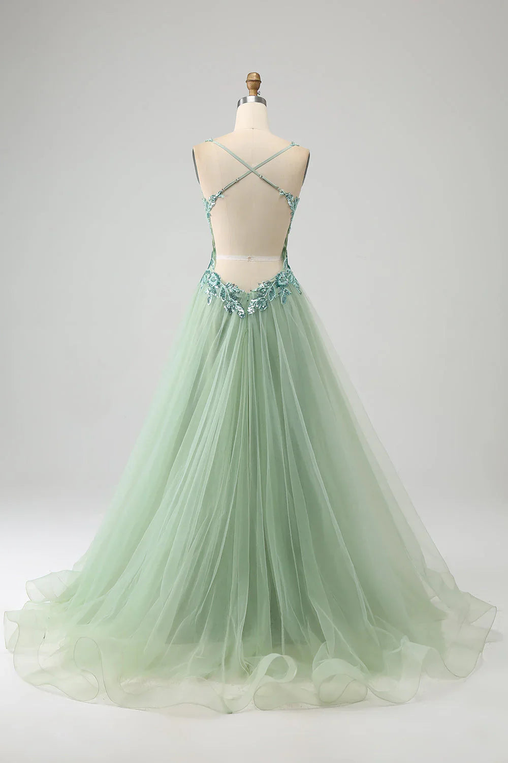 omberprom A Line Long Prom Dress Spaghetti Straps with Appliques Gorgeous Light Green
