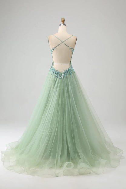 omberprom A Line Long Prom Dress Spaghetti Straps with Appliques Gorgeous Light Green