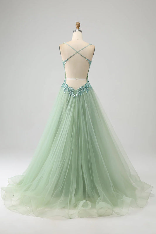 omberprom A Line Long Prom Dress Spaghetti Straps with Appliques Gorgeous Light Green