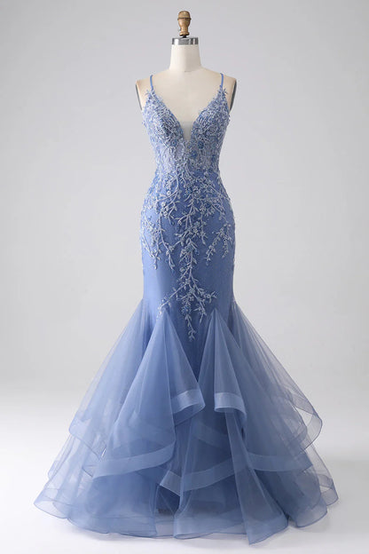 omberprom Mermaid Long Prom Dress Spaghetti Strap Beaded Backless Grey Blue With Appliques