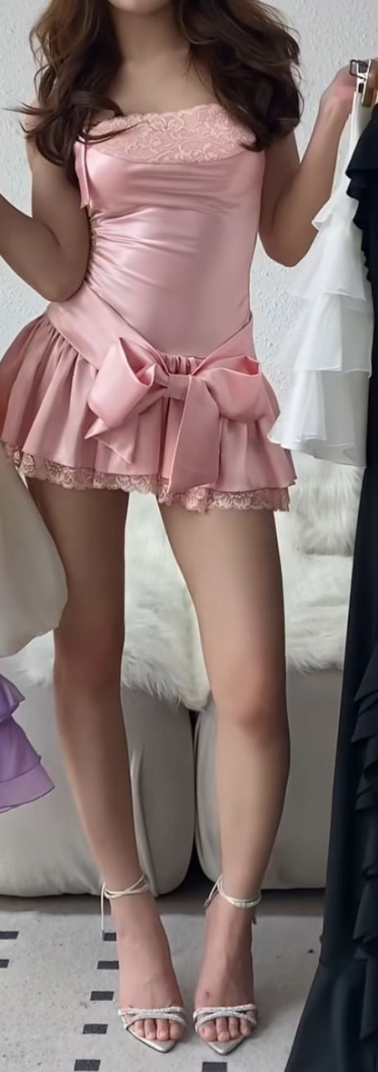 Pink Satin Lace Bow Short Birthday Outfits Formal 8th Grade Homecoming Dress Y9521