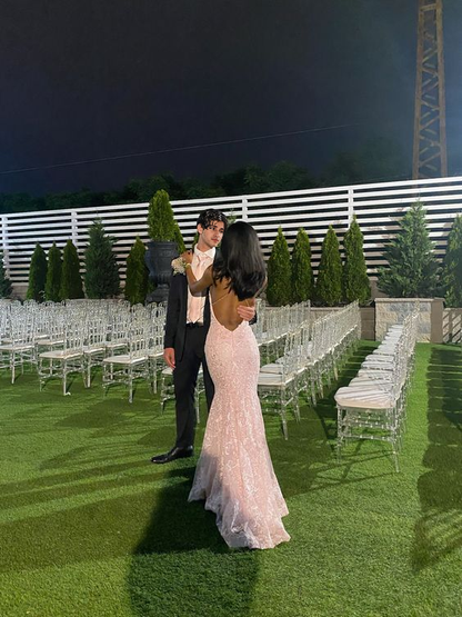 omberprom Mermaid Formal Wear Dresses Pink Tulle Lace Long Prom Dresses Appliques Backless Evening Party Dress