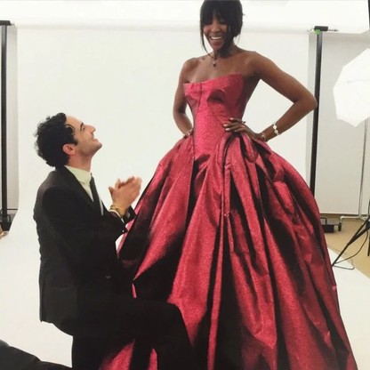 Elegant Burgundy Strapless Satin Long Wedding Guest Dress Formal Party Gown