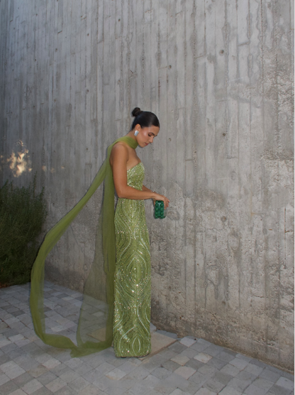 Gorgeous Strapless Apple Green Sequin Long Prom Dress Party Gown With Ribbon