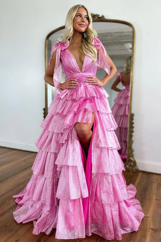 Glam Pink A-Line tiered ruffle V-neck prom gown with high slit
