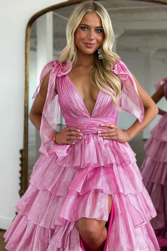 Glam Pink A-Line tiered ruffle V-neck prom gown with high slit
