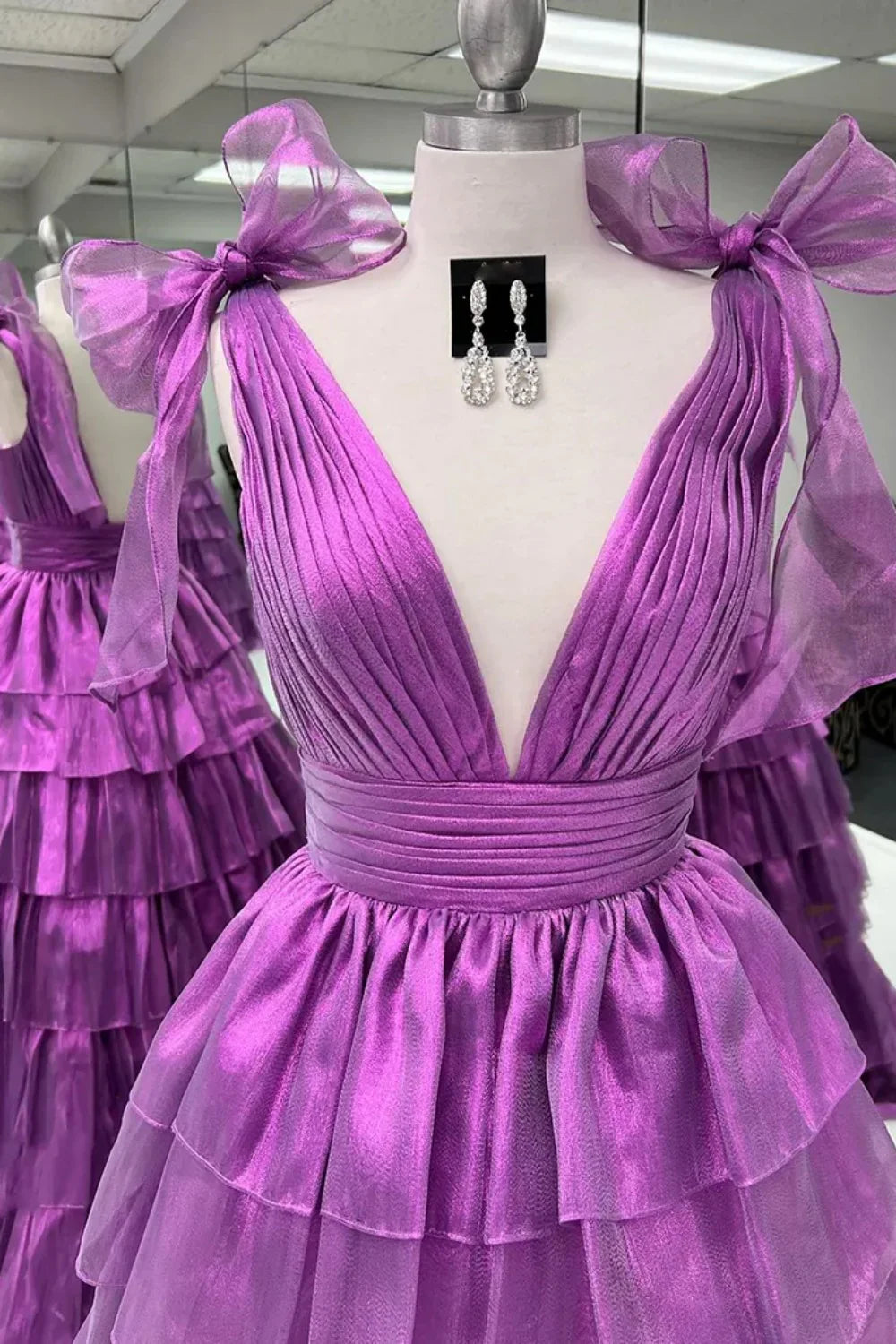 Glam Pink A-Line tiered ruffle V-neck prom gown with high slit