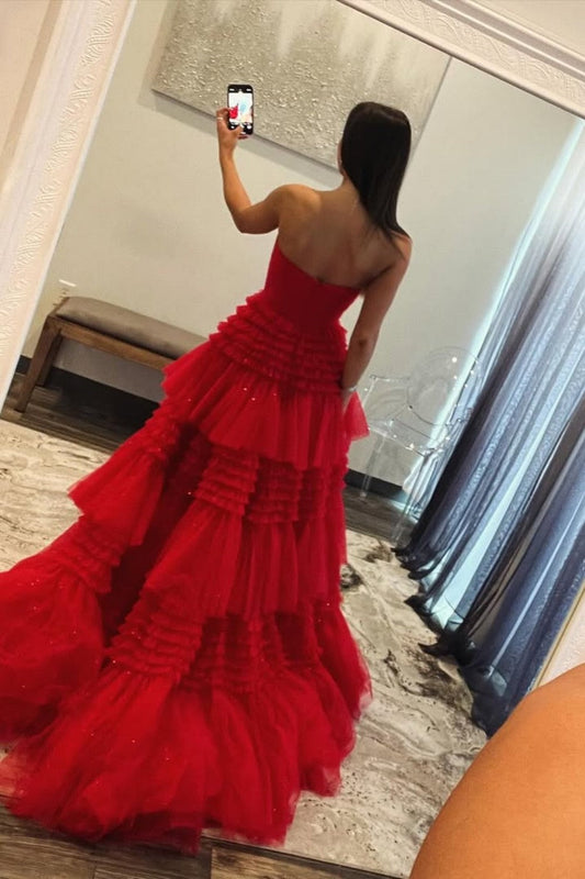Glam Strapless A-Ling Long Tulle Prom Gown with Cascading Ruffles