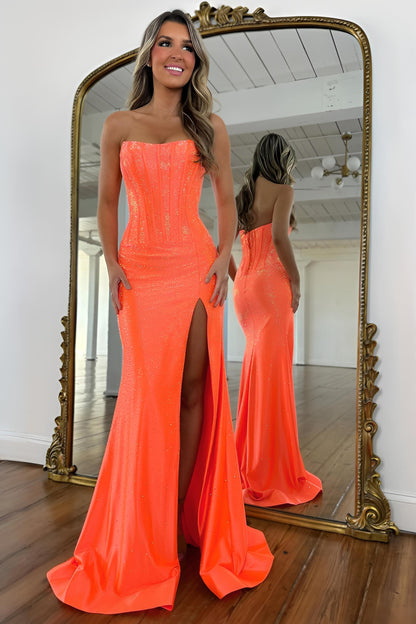 Glam Orange Strapless High-Slit Prom Dress with Corset Bodice and Sparkle
