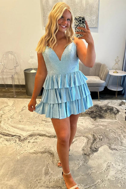 Glamorous A-Line Spaghetti Straps Short Tiered Sparkly Homecoming Dress