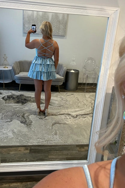 Glamorous A-Line Spaghetti Straps Short Tiered Sparkly Homecoming Dress