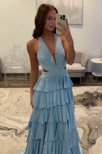 Glamorous Red Sparkly Beaded Halter Prom Dress with Layered Ruffles