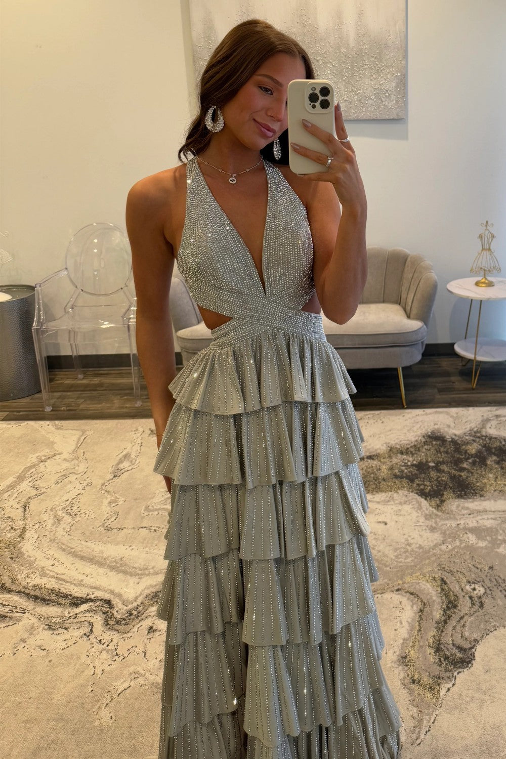 Glamorous Red Sparkly Beaded Halter Prom Dress with Layered Ruffles