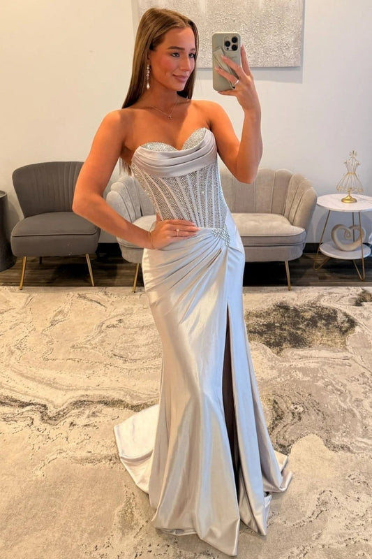 Glamorous Silver Sweetheart Long Satin Corset Prom Dress with Beaded Top