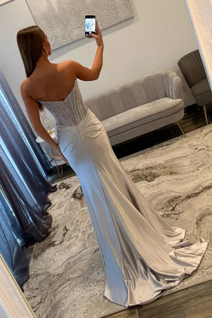 Glamorous Silver Sweetheart Long Satin Corset Prom Dress with Beaded Top