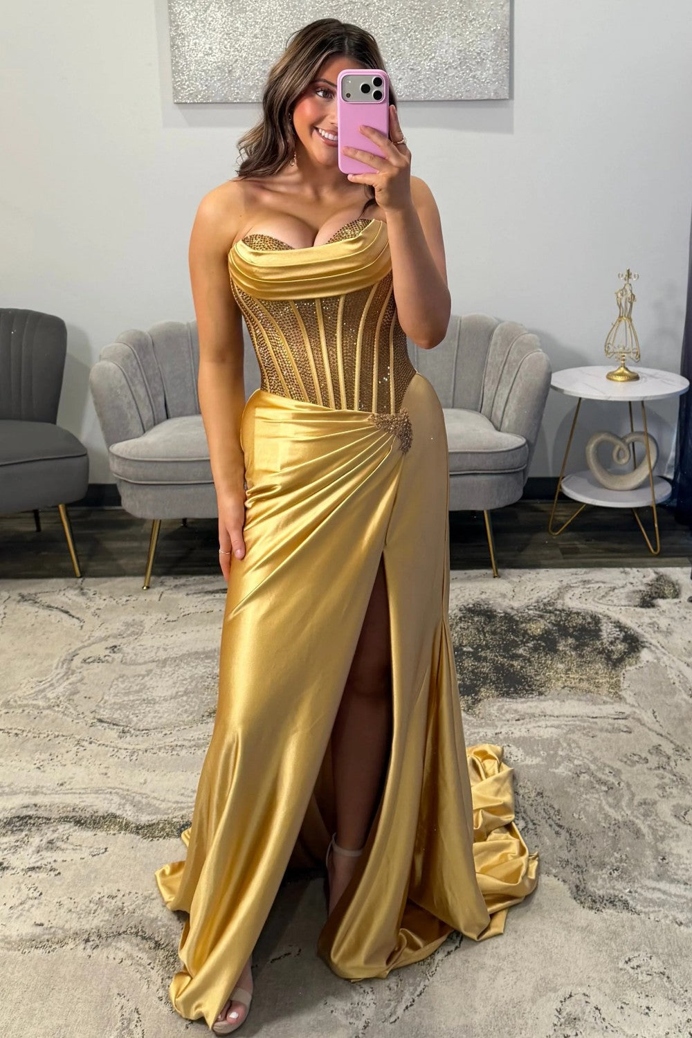 Glamorous Silver Sweetheart Long Satin Corset Prom Dress with Beaded Top