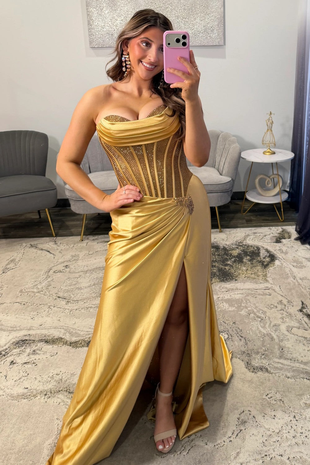 Glamorous Silver Sweetheart Long Satin Corset Prom Dress with Beaded Top