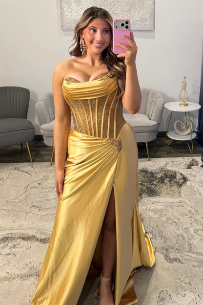 Glamorous Silver Sweetheart Long Satin Corset Prom Dress with Beaded Top