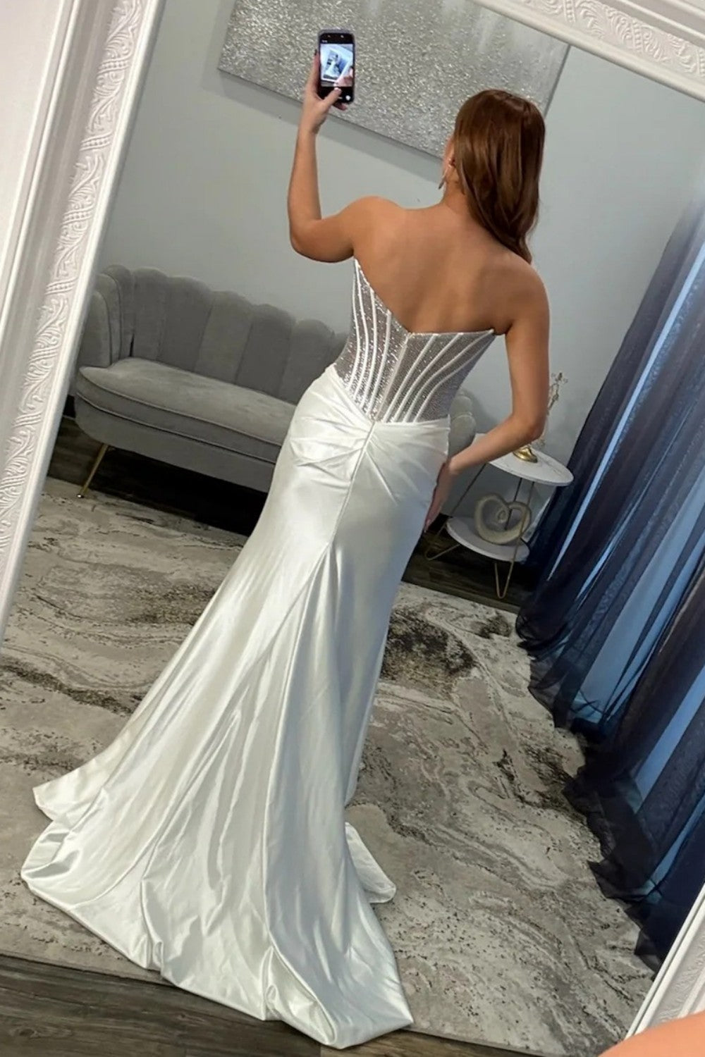 Glamorous Silver Sweetheart Long Satin Corset Prom Dress with Beaded Top