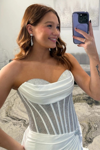 Glamorous Silver Sweetheart Long Satin Corset Prom Dress with Beaded Top