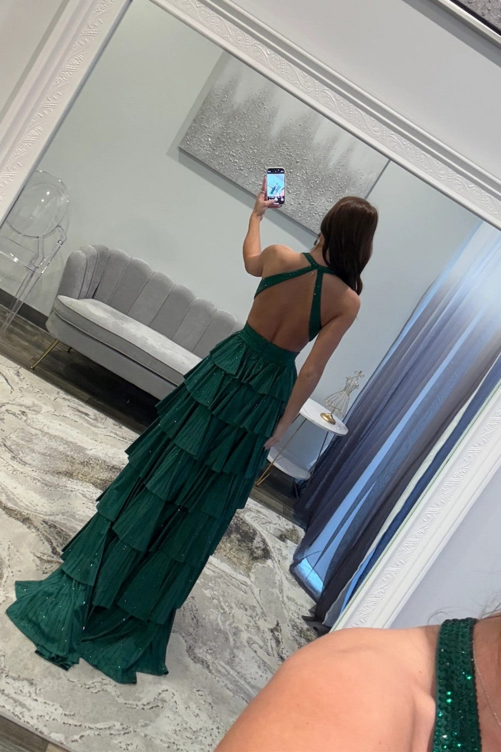 Sexy Sparkly Black A-Line V-Neck Layered Beaded Prom Dress with Leg Slit