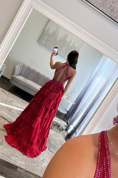 Sexy Sparkly Black A-Line V-Neck Layered Beaded Prom Dress with Leg Slit