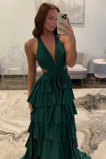 Sexy Sparkly Black A-Line V-Neck Layered Beaded Prom Dress with Leg Slit