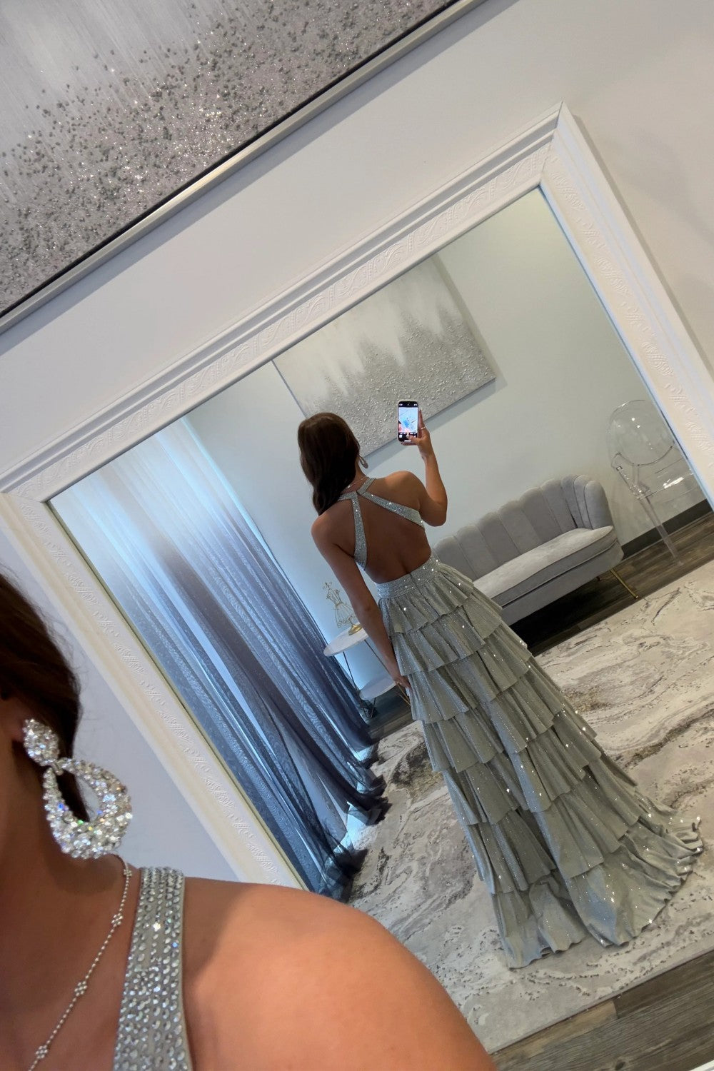 Sexy Sparkly Black A-Line V-Neck Layered Beaded Prom Dress with Leg Slit