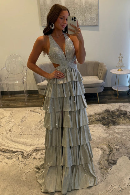 Sexy Sparkly Black A-Line V-Neck Layered Beaded Prom Dress with Leg Slit