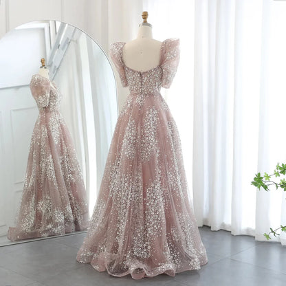 Gorgeous Sparkling Beaded Sequin Short-sleeve A-Line Long Prom Dress Evening Dress TP4557