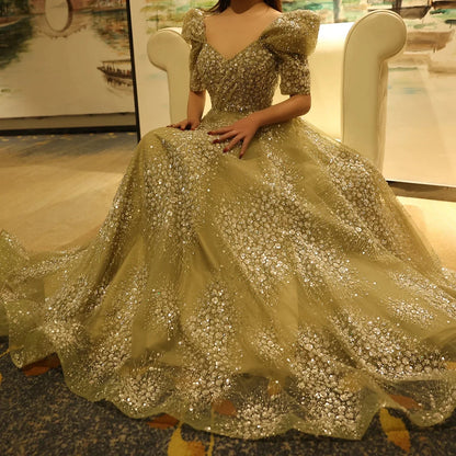 Gorgeous Sparkling Beaded Sequin Short-sleeve A-Line Long Prom Dress Evening Dress TP4557