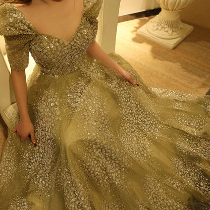 Gorgeous Sparkling Beaded Sequin Short-sleeve A-Line Long Prom Dress Evening Dress TP4557