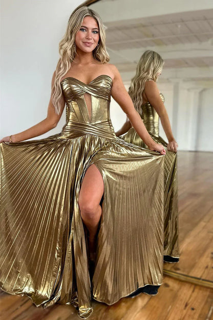 Peacock Blue Metallic A Line Prom Dress with Sweetheart Neckline and Leg Slit