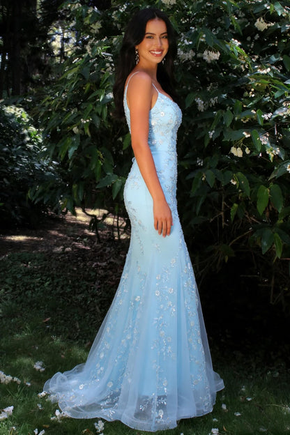 Glitter Light Blue Spaghetti Straps Floral Appliqué Mermaid Prom Dress