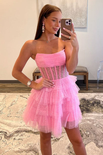 Glitter Pink Strapless A-Line Homecoming Dress with Tiered Tulle Skirt