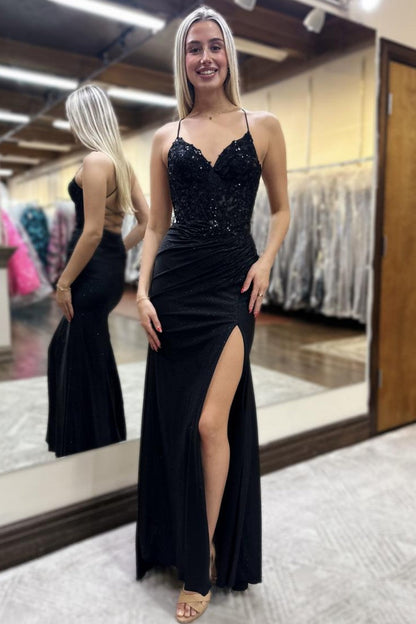 Glitter Royal Blue Spaghetti Straps Lace Up  Prom Dress with Lace Top
