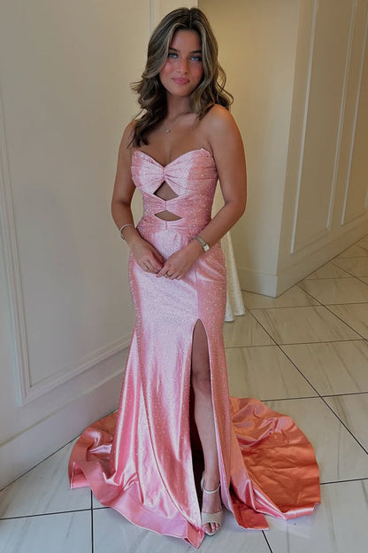 Glitter Yellow Mermaid Sweetheart Long Beaded Prom Dress with Leg Slit
