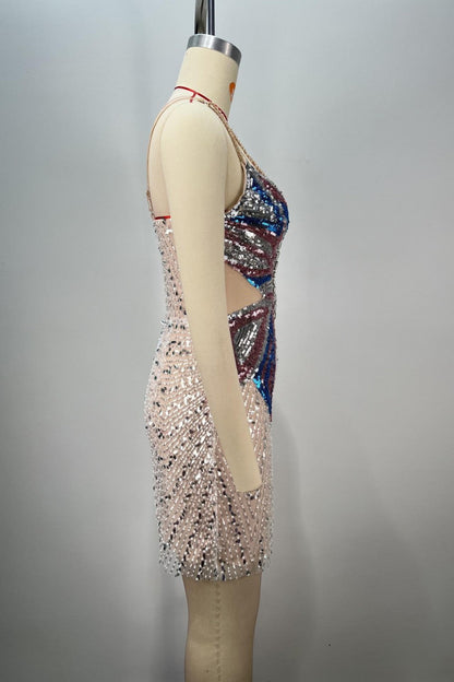 Glittering Butterfly Rhinestone Bodycon Homecoming Dress with Cutout Sides