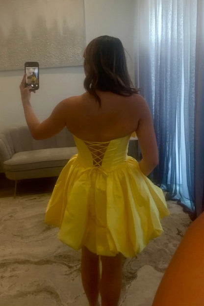 Glossy Satin A-Line Strapless Lace Up Short Homecoming Dress with Bowknot