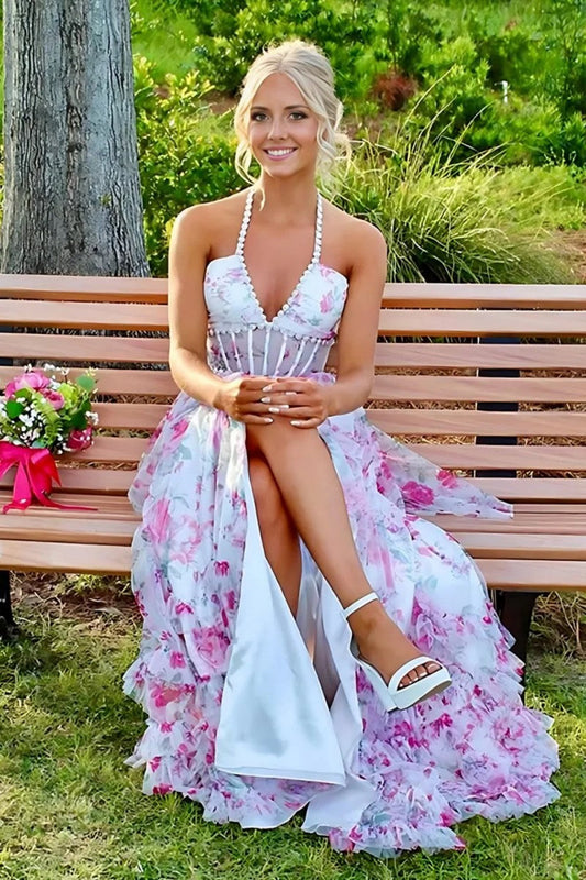 Gorgeous A Line Halter Neck Pink Floral Printed Corset Prom Dress with Ruffles