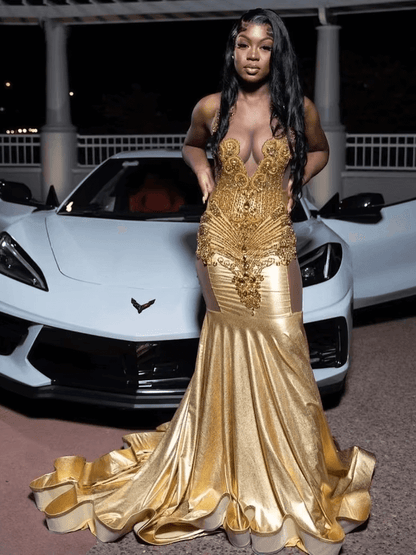 Gold Long Fitted Mermaid Prom Dresses Crystal Rhinestones